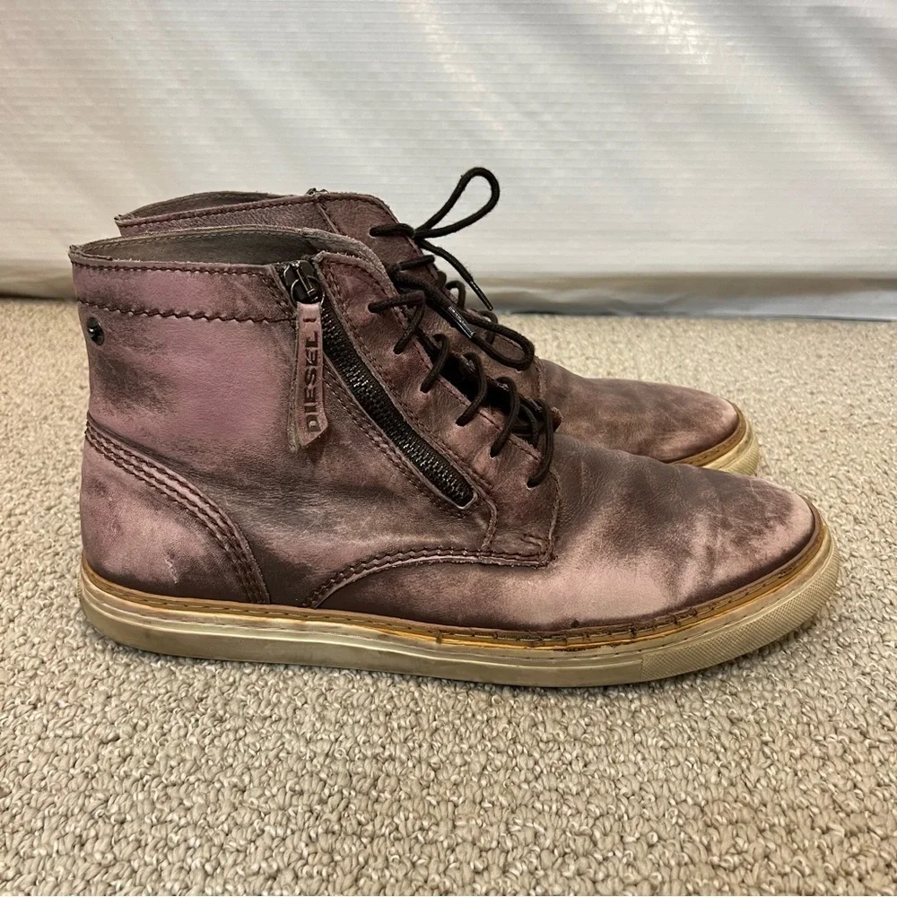 Diesel Mid Distressed Leather Boots Shoes Men’s Size 45 US 12 Side Zip Lace Up,